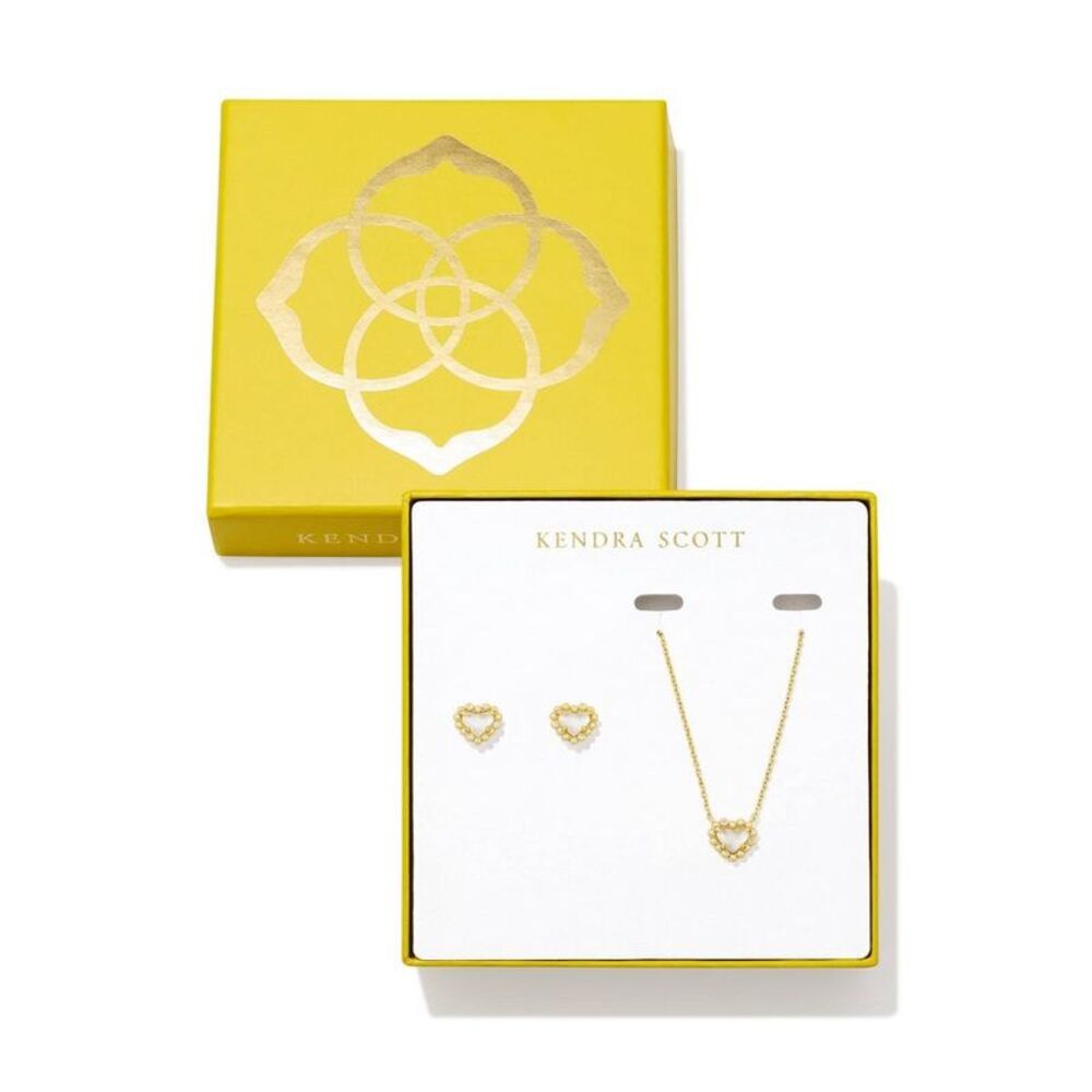 Anna Framed Stud Earrings And Pendant Necklace - Gold/Ivory Mother Of Pearl